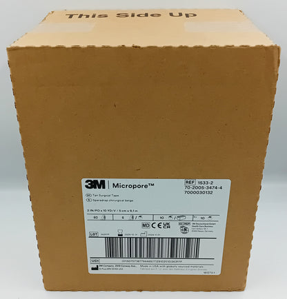 Micropore TAN Surgical Tape 5cm x 9.1m – Box of 6 Rolls (Case of 10 Boxes / 60 Rolls Total)