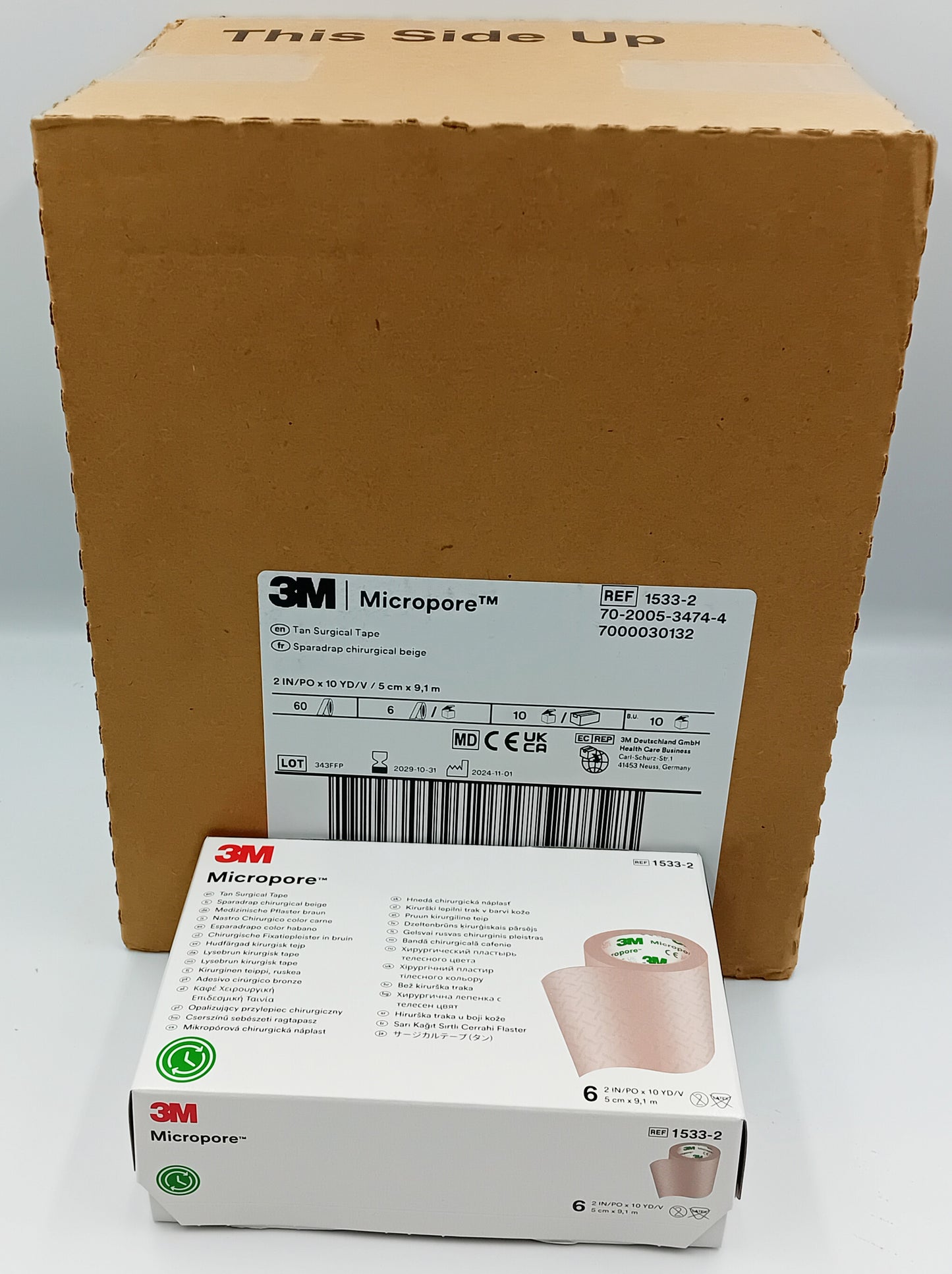 Micropore TAN Surgical Tape 5cm x 9.1m – Box of 6 Rolls (Case of 10 Boxes / 60 Rolls Total)