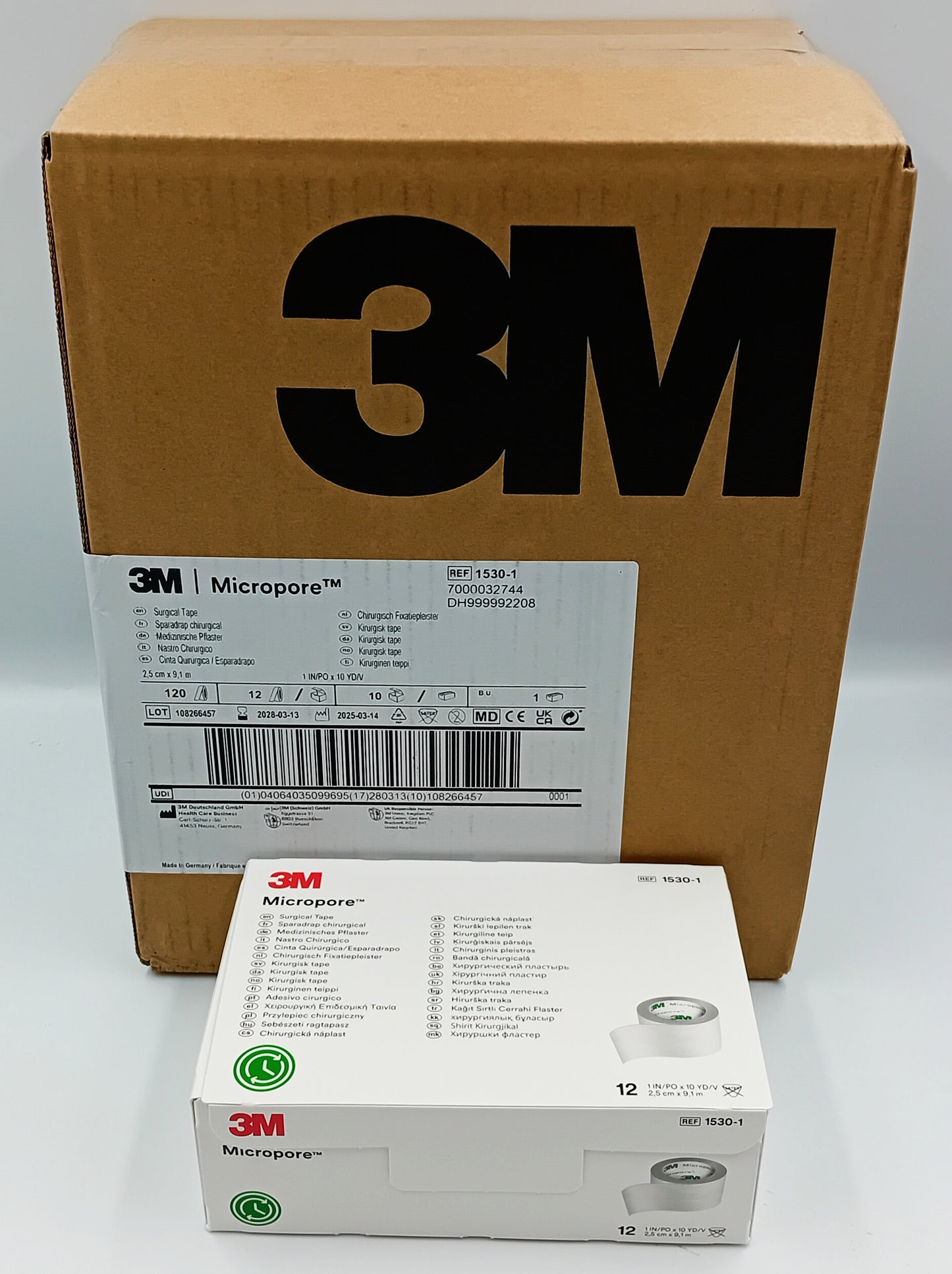 Micropore White Surgical Tape 2.5cm x 9.1m – Box of 12 Rolls (Case of 10 Boxes / 120 Rolls Total)