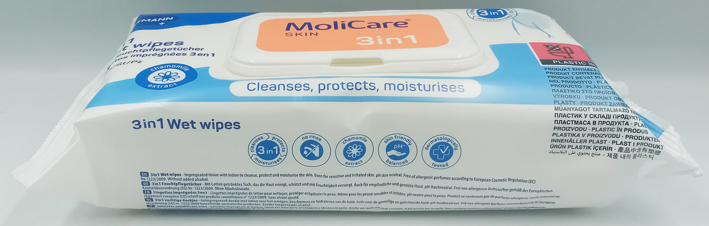 MoliCare Skin 3-in-1 Cleansing Wet Wipes Pack of 50 | Gentle Care