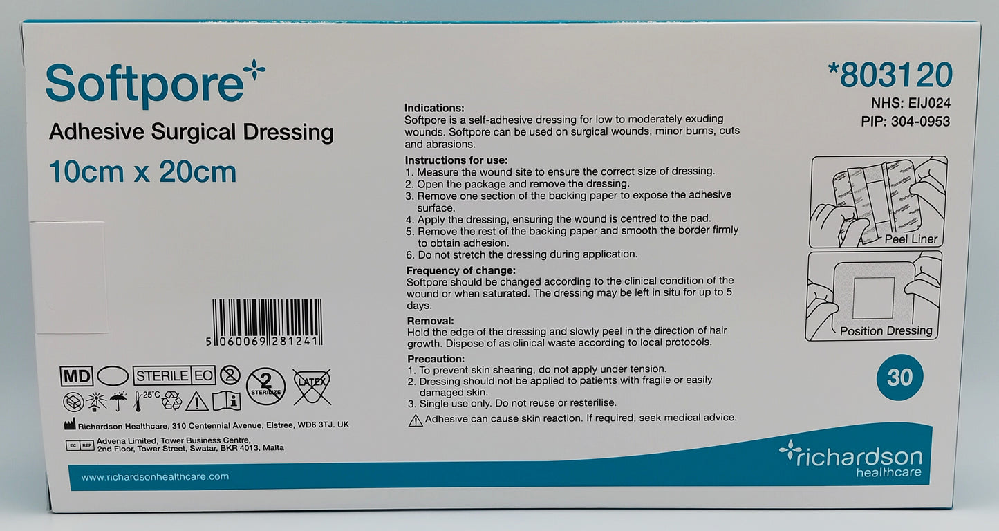 Softpore Adhesive Surgical Dressing 10cm x 20cm - Pack of 10 | Soft and Breathable Wound Care for Post-Operative and Minor Wounds
