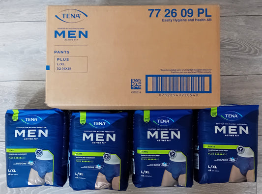 TENA Men Active Fit Pants Plus L - Case of 4 Packs of 8 (32 Pants Total)
