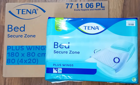 TENA Bed Pads Plus with Wings 80cm x 180cm – Pack of 20 | Case of 4 (80 Pads)
